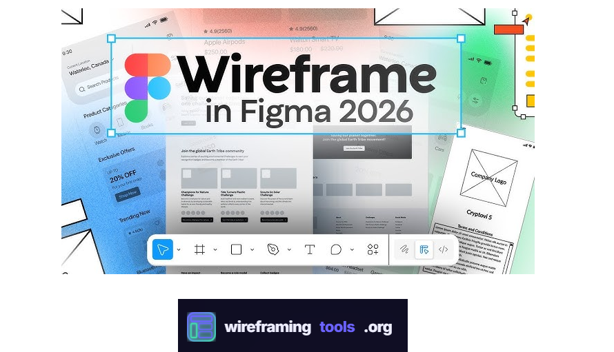 Wireframe in Figma 2026 — wireframingtools.org branded hero image showing Figma's canvas, wireframe layouts, and component library